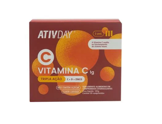 Suplemento Alimentar Ativday Tripla Ação Vitamina C 1g+ Zinco 20mg + Vitamina D 800ui 30 Comprimidos Efervescentes