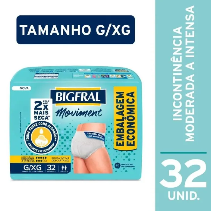 Roupa Íntima Descartável Bigfral Moviment Incontinência Urinária Moderada a Intensa G/XG 32 Unidades