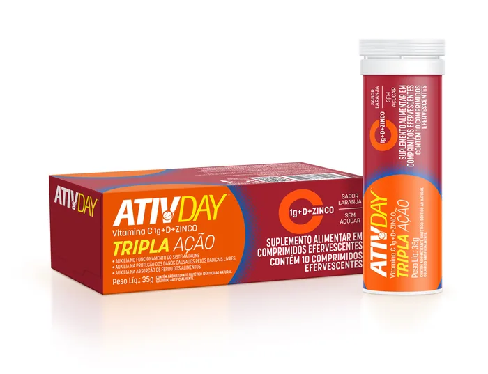 Suplemento Alimentar Ativday Vitamina C Tripla Ação 10 Comprimidos Efervecentes