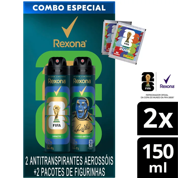 Kit Desodorante Antitranspirante Aerossol Rexona Men Fifa 26 Impacto 150ml + Invisible Antibac 150ml + 2 Pacotes De Figurinhas