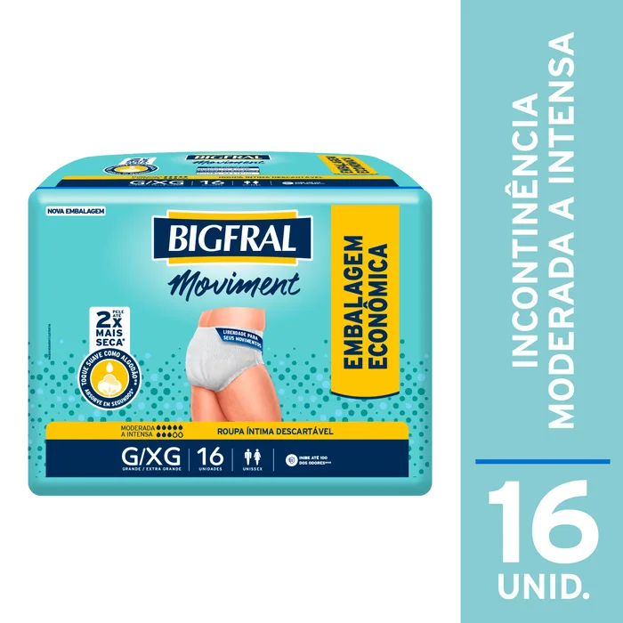 Roupa Íntima Descartável Bigfral Moviment Incontinência Urinária Moderada a Intensa G/XG 16 Unidades