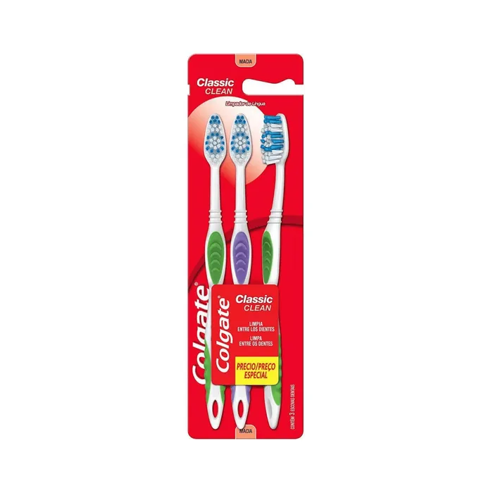 Escova Dental Colgate Classic Clean Cerdas Macia Cores Sortidas 3 Unidades